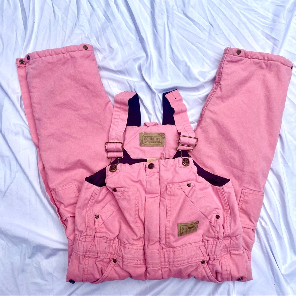 VINTAGE 1990s Schmidt Bubblegum Pink Workwear Overall Bibs Zip-Up Insulated